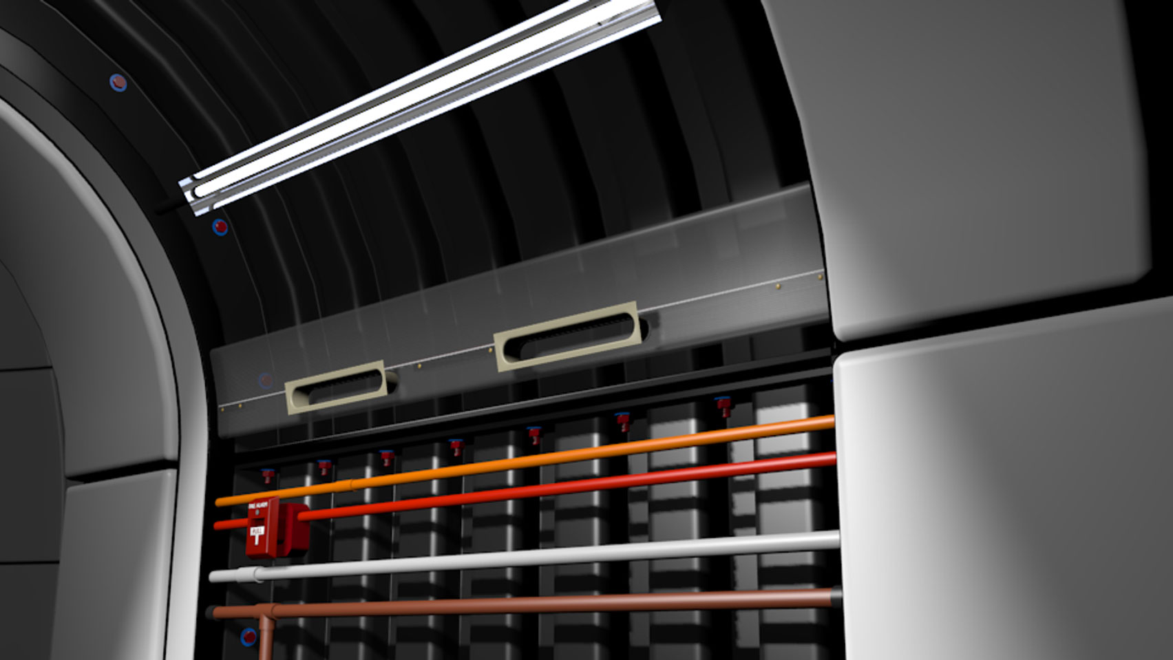 Interior tunnel section with molded panels removed exposing vents electrical plumbing and lighting 