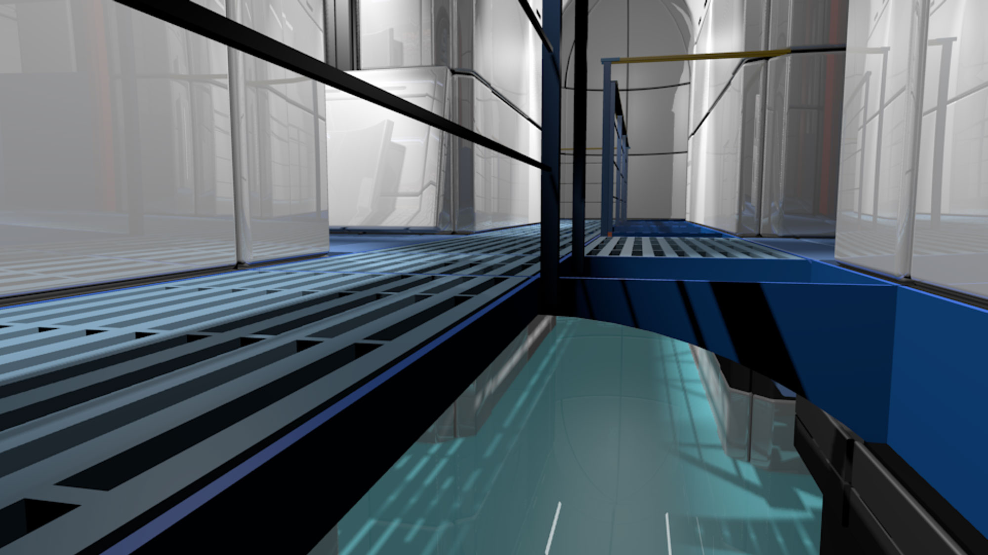 Interior underground structure blue walkway with railings over water