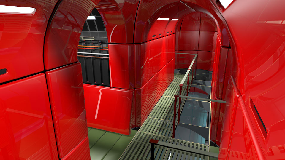 Red Shiny Interior Wall Panels Underground Red shiny interior molded wall panels and walkway over water.